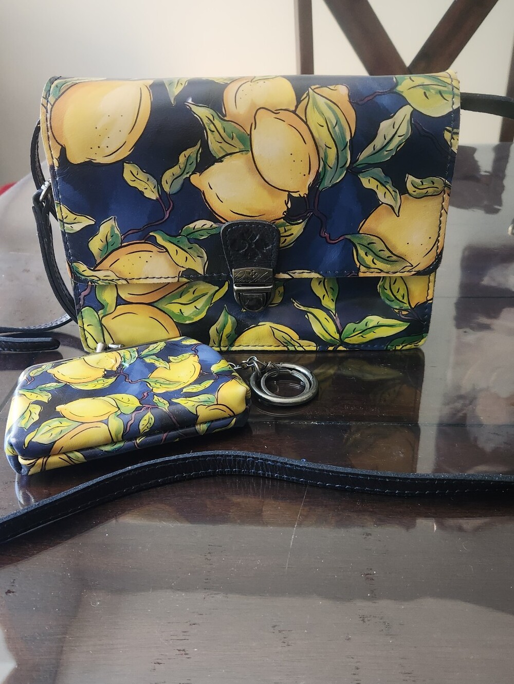 Patricia Nash Lemon Print Crossbody Bag and Coin Pouch - Yellow on Blue